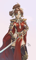 Rule 34 | 1girl, armor, armored boots, black thighhighs, boots, breastplate, brown hair, cape, gauntlets, green eyes, kakiman, looking at viewer, no panties, original, pelvic curtain, ponytail, sheath, shoulder armor, solo, sword, thighhighs, unsheathing, weapon