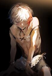 Rule 34 | 1boy, arknights, bare shoulders, black background, black collar, collar, commentary request, cowboy shot, dark background, elysium (arknights), highres, male focus, multicolored hair, off shoulder, open mouth, red hair, sanrihedafa, see-through, short hair, solo, streaked hair, white hair