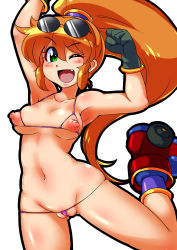 Rule 34 | 1girl, absurdres, fang, green eyes, highres, looking at viewer, open mouth, orange hair, precis neumann, ryoi, simple background, solo, star ocean, tagme, white background