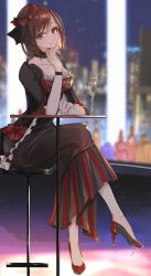 Rule 34 | 1girl, absurdres, black hat, blurry, blurry background, bow, breasts, brown eyes, brown hair, champagne flute, choker, crossed legs, cup, drinking glass, hair bow, hat, head rest, high heels, highres, looking at viewer, medium breasts, meiko (vocaloid), nekota yama, skyline, smile, solo, table, vocaloid