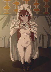 1girl bed breasts cape eris_greyrat female_focus full_body functionally_nude keihh long_hair looking_at_viewer mushoku_tensei naked_cape nipples pussy red_hair smile solo standing