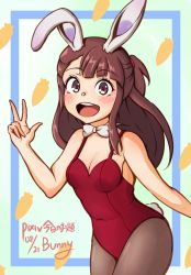 Rule 34 | 1girl, animal ears, bow, bowtie, breasts, bunny day, cleavage, dated, fake animal ears, green background, highres, kagari atsuko, leotard, little witch academia, looking at viewer, madabau, pantyhose, playboy bunny, rabbit ears, rabbit girl, rabbit nose, rabbit tail, solo, v, white bow, white bowtie, witch