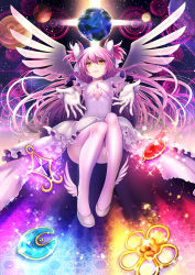Rule 34 | 1girl, breasts, cleavage, cleavage cutout, clothing cutout, dress, floating hair, full body, gloves, grey footwear, hair between eyes, highres, kaname madoka, long hair, looking at viewer, mahou shoujo madoka magica, mahou shoujo madoka magica (anime), matsurika youko, parted lips, pink hair, pink thighhighs, planet, small breasts, solo, thighhighs, two side up, ultimate madoka, very long hair, white dress, white gloves, white wings, wings, yellow eyes