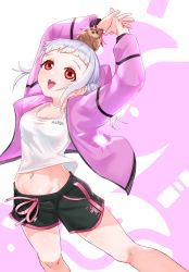 Rule 34 | 1girl, animal, animal on head, arashi chisato, artist name, artist request, bare legs, bare shoulders, black shorts, blush, bow, breasts, cleavage, clothes writing, collarbone, double bun, female focus, fingers together, fragments of courage, hair bun, highres, hood, hooded jacket, hoodie, jacket, long hair, long sleeves, looking at viewer, love live!, love live! school idol festival, love live! superstar!!, manmaru (love live!), medium breasts, nail, nail polish, on head, outstretched arms, own hands together, parted lips, pink bow, pink hoodie, pink jacket, pink nails, pink nails, pink ribbon, red eyes, ribbon, shirt, short shorts, shorts, smile, solo, tank top, twintails, white background, white hair, white shirt, white tank top, yuuki no kakera, yuuki no kakera (love live!)