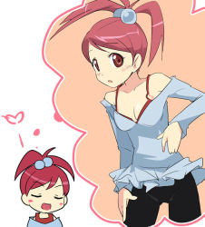 Rule 34 | 1girl, :o, bare shoulders, bra, breasts, cleavage, collarbone, contrapposto, controller, hair bobbles, hair ornament, heart, ixy, long sleeves, looking at viewer, off-shoulder, off-shoulder sweater, open mouth, red bra, red eyes, red hair, short hair, standing, sweater, underwear