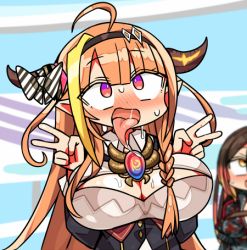 Rule 34 | 2girls, ahegao, ahoge, blonde hair, blurry, blush, bow, breasts, cleavage, cleavage cutout, clothing cutout, depth of field, diagonal-striped bow, double v, dragon horns, drooling, hairband, hololive, horn bow, horn ornament, horns, kanikama, kiryu coco, kiryu coco (1st costume), large breasts, long hair, lowres, multicolored hair, multiple girls, open mouth, orange hair, pointy ears, purple eyes, roboco-san, saliva, streaked hair, sweat, tongue, tongue out, two-tone hair, upper body, v, virtual youtuber
