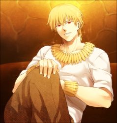 Rule 34 | 1boy, bad id, bad pixiv id, blonde hair, bracelet, couch, fate/zero, fate (series), gilgamesh (fate), jewelry, male focus, necklace, official alternate costume, red eyes, sitting, solo, sparkle, zihad