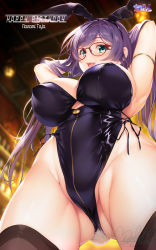 Rule 34 | 1girl, :d, animal ears, aqua eyes, armlet, arms behind head, arms up, black leotard, black thighhighs, blush, breasts, ceiling, character name, fake animal ears, fake tail, glasses, gluteal fold, groin, happy birthday, highres, hozumi kaoru, indoors, large breasts, leotard, long hair, looking at viewer, love live!, open mouth, playboy bunny, purple hair, rabbit ears, rabbit tail, side-tie leotard, signature, sleeveless, smile, strapless, strapless leotard, tail, thighhighs, thighs, tojo nozomi