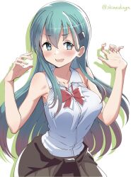 Rule 34 | 1girl, bare shoulders, blush, breasts, clothes around waist, commentary request, gradient hair, green eyes, green hair, hair ornament, hairclip, hands up, highres, jacket, jacket around waist, kantai collection, liking, long hair, looking at viewer, medium breasts, multicolored hair, pleated skirt, red ribbon, ribbon, school uniform, skirt, sleeveless, smile, solo, suzuya (kancolle), twitter username, white background