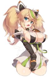 Rule 34 | 1girl, bad id, bad pixiv id, bare shoulders, black gloves, black panties, blonde hair, blue eyes, breasts, cowboy shot, fang, from side, gene (pso2), gloves, green hair, hair between eyes, large breasts, long hair, looking at viewer, multicolored hair, open mouth, panties, phantasy star, phantasy star online 2, pokoten (pokoten718), simple background, skin fang, solo, twintails, two-tone hair, underwear, white background