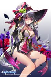Rule 34 | 1girl, bare shoulders, bonnet, breasts, cleavage, collarbone, copyright name, dress, elbow gloves, flower, gloves, hand on headwear, hat, hat flower, large breasts, legs, long hair, official art, red eyes, ribbon, rose, silver hair, sitting, smile, soccer spirits, solo, tob, valkia (soccer spirits), very long hair