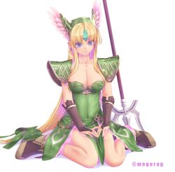 Rule 34 | 1girl, armor, blonde hair, blue eyes, bow, breasts, bridal gauntlets, cleavage, collarbone, commentary request, crystal, dress, earrings, feather hair ornament, feathers, green bow, green dress, hair bow, hair ornament, hands on thighs, headgear, jewelry, kirishima satoshi, long hair, looking at viewer, medium breasts, polearm, riesz, seiken densetsu, seiken densetsu 3, shoes, shoulder armor, sidelocks, simple background, sitting, sleeveless, sleeveless dress, smile, solo, strapless, strapless dress, trident, twitter username, very long hair, wariza, weapon, white background