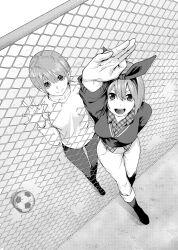 Rule 34 | 2girls, absurdres, arm behind back, arm up, ball, black footwear, breasts, closed mouth, commentary request, eyelashes, fence, from above, full body, go-toubun no hanayome, hair between eyes, hair ribbon, hairband, hand on wall, highres, jacket, kosmos beta, large breasts, looking at viewer, looking up, medium hair, monochrome, multiple girls, nakano ichika, nakano yotsuba, open hand, open mouth, pants, plaid, plaid shirt, ribbon, round teeth, shirt, short hair, siblings, sisters, smile, soccer ball, straight hair, teeth, upper teeth only, white shirt