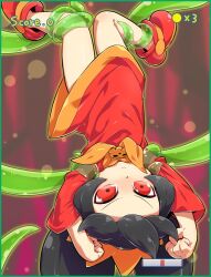 Rule 34 | 1girl, arms up, ashley (warioware), black hair, clenched hands, clothes lift, dress, dress lift, long hair, nintendo, red dress, red eyes, red footwear, restrained, shoes, short dress, suspension, tentacles, thighs, tokkyuu mikan, twintails, upside-down, warioware