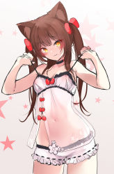 Rule 34 | 1girl, absurdres, animal ear fluff, animal ears, bare arms, bare shoulders, black choker, blush, bow, breasts, brown hair, choker, closed mouth, collarbone, copyright request, gradient background, grey background, hair bow, hands up, highres, kana616, lifted by self, long hair, looking at viewer, navel, red bow, ribbon-trimmed shorts, ribbon trim, see-through, short shorts, shorts, small breasts, smile, solo, star (symbol), starry background, strap lift, twintails, very long hair, virtual youtuber, white shorts, yellow eyes