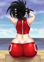 Rule 34 | 1girl, adjusting hair, alternate costume, arms up, ass, bare shoulders, black gloves, black hair, boku no hero academia, fingerless gloves, from behind, gloves, huge ass, midriff, outdoors, sitting, sky, solo, thelorope, yaoyorozu momo