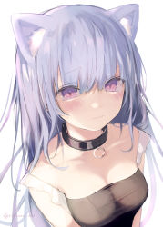 1girl absurdres animal_ear_fluff animal_ears bad_id bad_pixiv_id bare_shoulders black_dress blush breasts cat_ears closed_mouth commentary_request dress hair_between_eyes highres long_hair looking_at_viewer medium_breasts off-shoulder_dress off_shoulder original purple_eyes purple_hair simple_background solo twitter_username upper_body very_long_hair white_background yukari_(rihenara_doll)