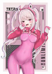 Rule 34 | 1girl, :d, alice (nikke), animal ear headphones, animal ears, arms up, blush, bodysuit, breasts, contrapposto, covered navel, cowboy shot, cropped jacket, fake animal ears, gloves, goddess of victory: nikke, grey hair, hand on own cheek, hand on own face, headphones, headset, highres, impossible bodysuit, impossible clothes, jacket, kaboten, latex, latex bodysuit, long hair, looking at viewer, medium breasts, open mouth, pink bodysuit, pink eyes, pink gloves, pink headphones, red jacket, sidelocks, skin tight, sleeves past wrists, smile, solo, teeth, twintails, two-tone gloves, upper teeth only, white gloves