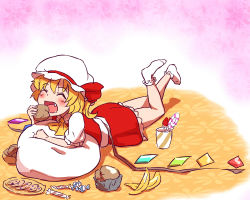 Rule 34 | 1girl, ascot, banana, bat wings, blonde hair, blush, candy, cookie, cup, eating, closed eyes, fang, female focus, flandre scarlet, food, fruit, hat, holding, lollipop, lying, muffin, on stomach, open mouth, pillow, plate, shibasaki shouji, short hair, skirt, smile, solo, embodiment of scarlet devil, touhou, wings
