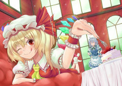 Rule 34 | 2girls, :q, ;q, apron, ascot, blonde hair, blush, braid, cake, closed eyes, female focus, flandre scarlet, food, fork, fruit, grey hair, hands on own hips, hat, hat ribbon, hero rice, highres, holding, holding fork, izayoi sakuya, lying, maid, maid apron, maid headdress, multiple girls, on stomach, one eye closed, red eyes, ribbon, saucer, short hair, smile, socks, strawberry, sweets, tongue, tongue out, touhou, twin braids, window, wings, wink, wrist cuffs