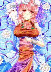 Rule 34 | 1girl, archienemy, blush, breasts, bun cover, cuffs, double bun, dress, female focus, flower, ibaraki kasen, large breasts, lying, pink flower, pink hair, pink rose, plant, red eyes, rose, short hair, smile, solo, tabard, touhou, water, wet