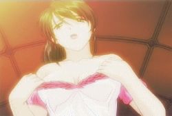 Rule 34 | 1girl, animated, animated gif, bouncing breasts, breast smother, breasts, brown eyes, brown hair, clothes pull, covered erect nipples, face to breasts, glaring, lingerie, lowres, nipples, no bra, onmyouji, onmyouji: youen emaki, open mouth, ponytail, pov, shirt pull, solo, underwear, undressing