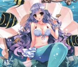 Rule 34 | 1girl, absurdres, artist request, blue hair, brown eyes, character request, fish, highres, mermaid, monster girl, open mouth, shell, sitting, smile, source request, underwater, water