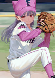 Rule 34 | 1girl, artist name, ass, baseball cap, baseball glove, baseball uniform, black footwear, clothes writing, day, feet out of frame, fkey, hat, highres, long hair, long sleeves, looking at viewer, original, outdoors, pants, pink hat, pink socks, red eyes, shirt, shoes, short sleeves, silver hair, smile, socks, solo, sportswear, standing, standing on one leg, uneven eyes, white pants, white shirt