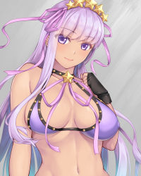 Rule 34 | 1girl, bb (fate), bb (fate) (all), bb (swimsuit mooncancer) (fate), bb (swimsuit mooncancer) (second ascension) (fate), breasts, breasts apart, collarbone, covered erect nipples, dark-skinned female, dark skin, fate/grand order, fate (series), hair ornament, hair ribbon, large breasts, long hair, looking at viewer, navel, purple eyes, purple hair, purple ribbon, ribbon, smile, solo, star (symbol), star hair ornament, tan, upper body, yuhji