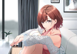 Rule 34 | 1girl, :t, bare legs, breasts, coffee table, collarbone, couch, curtains, drawer, hair between eyes, hair ornament, hairclip, highres, higuchi madoka, hugging own legs, idolmaster, idolmaster shiny colors, indoors, jewelry, knees up, lace print, light blush, looking at viewer, medium breasts, mole, mole under eye, nail polish, nonbire, picture frame, plant, portrait, potted plant, red eyes, red tank top, ring, shirt, sitting, solo, table, tank top, wedding photo, wedding ring, white shirt, window, wooden floor
