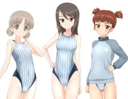 Rule 34 | 10s, 3girls, aki (girls und panzer), bad id, bad pixiv id, bare arms, bare shoulders, blush, brown eyes, brown hair, clenched hand, collarbone, competition swimsuit, flat chest, girls und panzer, green eyes, hand on own hip, highres, jacket, long hair, looking at viewer, mika (girls und panzer), mikko (girls und panzer), multiple girls, narrow waist, one-piece swimsuit, parted lips, raglan sleeves, simple background, smile, standing, striped clothes, striped one-piece swimsuit, swimsuit, swimsuit under clothes, takafumi, thigh gap, track jacket, two side up, zipper