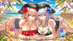 Rule 34 | 2girls, absurdres, alternate costume, armlet, azur lane, bare arms, bare shoulders, beach, bikini, bikini skirt, bikini top only, black bikini, black headwear, black skirt, blonde hair, blue flower, breasts, character request, check character, cleavage, coin, copyright name, cross-laced clothes, crossed bangs, cutoffs, dangle earrings, day, earrings, feet out of frame, flower, glass, gold coin, graf zeppelin (azur lane), hair ribbon, hat, hibiscus, highres, hoop earrings, interlocked fingers, jewelry, large breasts, long hair, lying, mouth hold, multicolored hair, multiple girls, multiple rings, necklace, ocean, official art, okuma mai, on stomach, outdoors, palm tree, peaked cap, pirate hat, red bikini, red eyes, red flower, red hair, ribbon, ring, roon (azur lane), sand, short hair, short shorts, shorts, skindentation, skirt, streaked hair, swimsuit, thighs, treasure chest, tree, tropical drink, v-shaped eyebrows, white hair