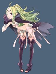 Rule 34 | 1girl, ;d, absurdres, ahoge, boots, cape, fire emblem, fire emblem awakening, flat chest, full body, garter straps, gloves, green hair, highres, kozaki yuusuke, leaning forward, long hair, midriff, navel, nintendo, nowi (fire emblem), official art, one eye closed, open mouth, parted bangs, pigeon-toed, pink thighhighs, pointy ears, ponytail, purple eyes, purple thighhighs, scan, short shorts, shorts, simple background, smile, solo, standing, thigh boots, thighhighs, wink