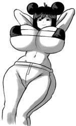 Rule 34 | 1girl, ahoge, bare shoulders, bikini, black bikini, black bra, black choker, bra, breasts, choker, cleavage, dracoarcto, freckles, friday night funkin&#039;, greyscale, groin, hair bun, huge breasts, midriff, mob face, momo (saruky), monochrome, navel, simple background, sketch, smile, solid eyes, solid oval eyes, solo, stomach, swimsuit, tagme, underwear, white background