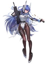 Rule 34 | 1girl, ammunition, assault rifle, belt, black pantyhose, blue hair, bullpup, closed mouth, eyebrows, full body, girls&#039; frontline, gluteal fold, gun, hair between eyes, head tilt, headgear, highleg, highleg leotard, highres, holding, holding gun, holding weapon, iwi tavor, impossible clothes, impossible leotard, iwi tavor, iwi tavor tar-21, kishiyo, leotard, leotard under clothes, logo, long hair, looking at viewer, magazine (weapon), necktie, official art, orange eyes, pantyhose, personification, police, police uniform, policewoman, rifle, smile, solo, standing, standing on one leg, strap, tar-21 (girls&#039; frontline), tavor tar-21, transparent background, trigger discipline, uniform, very long hair, weapon, white leotard