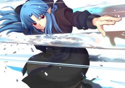 1girl blue_hair closed_mouth curtained_hair empty_eyes holding holding_sword holding_weapon iro_(sekaixiro) len_(tsukihime) long_hair pointy_ears red_eyes solo sword tsukihime water weapon white_background