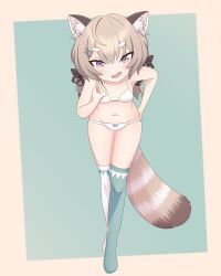 Rule 34 | 1girl, absurdres, animal ears, asymmetrical legwear, belly, bow, bra, braid, brown hair, commission, fang, fangs, hair ornament, hairclip, hat, highres, komachi panko, looking at viewer, navel, open mouth, panties, phase connect, pink eyes, red panda ears, red panda tail, ribbon, simple background, tail, thick eyebrows, twin braids, underwear, underwear only, virtual youtuber, white bra, white panties