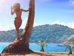 Rule 34 | 1girl, a.x., ass, bikini, blue sky, bracelet, brown hair, commentary request, day, facing away, from behind, full body, hands up, jewelry, leaning on object, long hair, original, outdoors, palm tree, sky, solo, standing, swimsuit, tree, viewfinder, water, white bikini