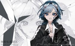 Rule 34 | 1girl, armband, blue eyes, blue hair, broken glass, collared shirt, commentary request, frown, glass, goggles, goggles on head, halftone, halftone background, holding, holding scissors, jacket, long hair, long sleeves, looking at viewer, mosaic roll (vocaloid), open mouth, original, pixiv id, ron (59313240), scissors, shaded face, shirt, straight-on, v-shaped eyebrows, vocaloid, zoom layer