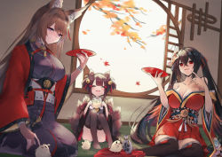 Rule 34 | 3girls, :d, absurdres, ahoge, akagi-chan (azur lane), akagi (azur lane), alcohol, amagi (azur lane), animal ears, autumn leaves, azur lane, bare shoulders, bell, bird, bird mask, black hair, black kimono, black thighhighs, blunt bangs, bottle, bow, breasts, brown hair, chick, cleavage, coat, commentary request, cup, diieru, drinking glass, eyeshadow, fox ears, fox girl, fox tail, hair bell, hair between eyes, hair bow, hair ornament, hair ribbon, highres, japanese clothes, kimono, large breasts, leaf, long hair, looking at viewer, makeup, manjuu (azur lane), maple leaf, mask, mask on head, multiple girls, multiple tails, off shoulder, open mouth, red coat, red eyes, red kimono, ribbon, sakazuki, sake, sake bottle, sitting, size difference, smile, taihou (azur lane), tail, tatami, thick eyebrows, thighhighs, tokkuri, twintails, wariza, wide sleeves, wind, window, zettai ryouiki