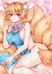 Rule 34 | 1girl, animal ear fluff, animal ears, artist request, bare shoulders, blonde hair, blush, bob cut, breasts, collar, fox ears, fox tail, frilled collar, frills, hair between eyes, large breasts, looking at viewer, marker (medium), multiple tails, naked tabard, nude, short hair, smile, tabard, tail, touhou, traditional media, yakumo ran, yellow eyes