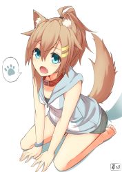 Rule 34 | 1girl, animal ears, bare shoulders, barefoot, blue eyes, bracelet, breasts, brown hair, collar, collarbone, commentary request, dog ears, dog tail, fang, folded hair, hair between eyes, hair ornament, hairclip, highres, hood, hoodie, jewelry, kuzukiri (riezenagel), open mouth, original, red collar, seiza, simple background, sitting, sleeveless, sleeveless hoodie, small breasts, solo, tail