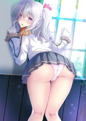 Rule 34 | 10s, 1girl, ass, bent over, epaulettes, frilled sleeves, frills, gloves, grey eyes, izumi akane, kantai collection, kashima (kancolle), kerchief, military, military uniform, miniskirt, panties, silver hair, skirt, solo, thigh gap, thighs, twintails, underwear, uniform, wavy hair, white gloves, window