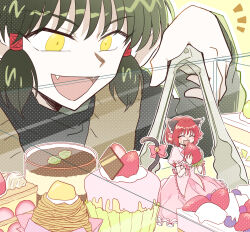 Rule 34 | 1boy, 1girl, animal ears, cake, cat ears, cat tail, chocolate, closed mouth, commentary request, cupcake, eating, fang, food, food on face, fruit, green hair, highres, hs1122, magical girl, momomiya ichigo, quiche (tokyo mew mew), red hair, short hair, smile, strawberry, tail, tokyo mew mew, yellow eyes