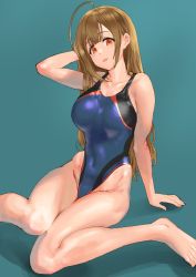 Rule 34 | 1girl, ahoge, arm behind head, blue background, blue one-piece swimsuit, breasts, brown eyes, brown hair, collarbone, competition swimsuit, covered navel, dokiyuri, feet out of frame, highleg, highleg swimsuit, highres, idolmaster, idolmaster shiny colors, kuwayama chiyuki, large breasts, long hair, one-piece swimsuit, sitting, solo, swimsuit