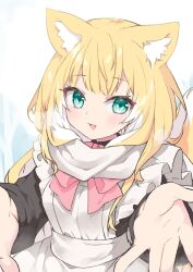 Rule 34 | 1girl, animal ear fluff, animal ears, apron, black dress, blonde hair, bow, bowtie, breath, commentary, dress, fang, fox ears, fox girl, fox tail, fuwafuwa-chan (kamiyoshi rika), green eyes, highres, incoming hug, kamiyoshi rika, light blush, long hair, looking at viewer, maid, maid apron, multicolored hair, open mouth, original, outstretched arms, outstretched hand, pink bow, pink bowtie, scarf, smile, solo, tail, white hair, white scarf