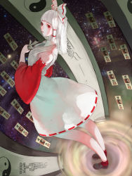 Rule 34 | 1girl, absurdres, albino, alternate costume, ascot, bad anatomy, bow, breasts, brown footwear, colored skin, detached sleeves, artistic error, hair bow, hair tubes, hakurei reimu, highres, holding, holding paper, kotton, legs, long hair, looking to the side, open mouth, pale skin, paper, poorly drawn, red eyes, red legwear, red pupils, ribbon-trimmed skirt, ribbon-trimmed sleeves, ribbon trim, sarashi, scroll, shoes, shooting star, skirt, sleeveless, solo, space, standing, talismans, teeth, tongue, touhou, white hair, white skin, white skirt, wide sleeves, yin yang