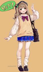 Rule 34 | 1girl, absurdres, beret, black hat, blue skirt, brown cardigan, brown footwear, brown hair, cardigan, full body, hair ornament, hand up, hat, highres, long hair, long sleeves, looking at viewer, love live!, love live! school idol project, minami kotori, nakano maru, open mouth, orange background, plaid, plaid skirt, school uniform, shirt, shoes, side ponytail, simple background, skirt, socks, solo, standing, twitter username, v, white shirt, x hair ornament, yellow eyes