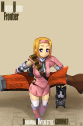 Rule 34 | 1girl, :o, armor, belt, blonde hair, blue eyes, blush, boots, bullet, capcom, cat, elbow gloves, fishnets, gloves, gun, hairband, holding, huge weapon, khezu (armor), knee boots, melynx, midriff, monster hunter, monster hunter (series), monster hunter frontier, open mouth, pink footwear, pink thighhighs, pleated skirt, purple eyes, shadow, short hair, side slit, signature, skirt, smile, solo, standing, strap, striped, surprised, taru neko, thighhighs, weapon, white thighhighs, zettai ryouiki