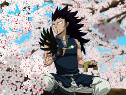 Rule 34 | 1boy, black hair, boots, cherry blossoms, dango, eating, fairy tail, feathers, food, gajeel redfox, gloves, long hair, male focus, piercing, red eyes, scar, sitting, stitches, tattoo, wagashi